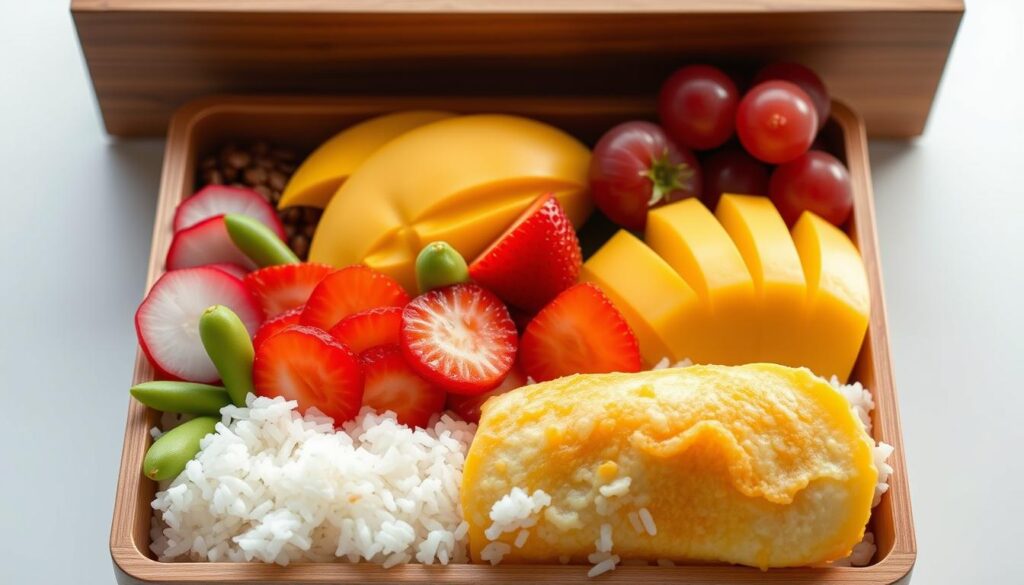 A delightful bento box overflowing with a visually captivating array of flavorful, meticulously arranged breakfast items. In the foreground, a perfectly cooked, golden-brown tamagoyaki (Japanese rolled omelet) alongside fluffy, steaming white rice, accented by vibrant slices of pickled red radish and crisp, verdant edamame. In the middle ground, a selection of fresh fruit - juicy sliced mango, vibrant strawberries, and succulent grapes - artfully arranged to create a visually striking composition. The background features a wooden bento box with a sleek, minimalist design, bathed in soft, natural lighting that enhances the colors and textures of the meal. The overall scene exudes a sense of harmony, balance, and attention to detail, perfectly embodying the essence of a creative and delightful bento box breakfast.
