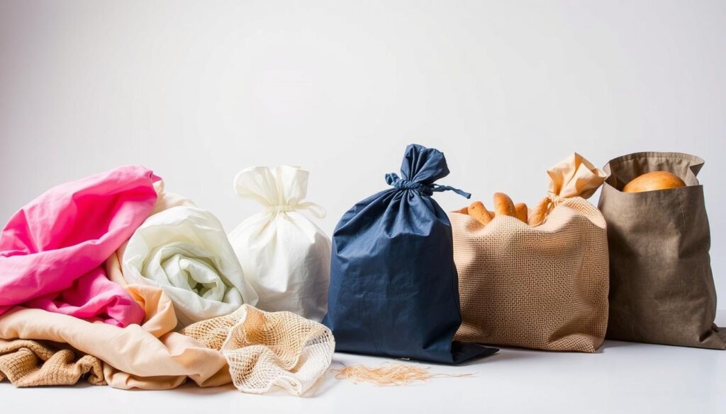 A detailed comparison of reusable bread bag materials, showcased in a well-lit studio setting. In the foreground, a collection of various fabrics, silicones, and natural fibers, meticulously arranged to highlight their textures and properties. In the middle ground, the bags themselves are displayed, each made from a different material, showcasing their unique designs and features. The background features a clean, minimalist backdrop, allowing the materials and products to take center stage. The lighting is soft and diffused, creating a professional, high-quality feel. The overall composition is balanced and visually appealing, inviting the viewer to closely examine the different options for a plastic-free bread storage solution.