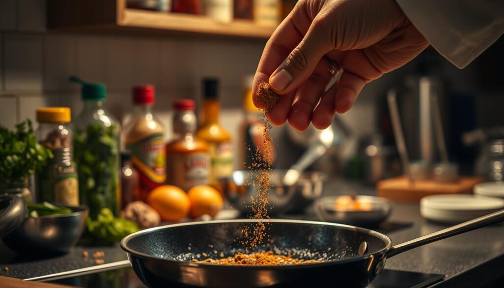 A dimly lit kitchen counter, with a variety of spices, herbs, and condiments neatly arranged. In the foreground, a chef's hand delicately sprinkles a pinch of spice onto a sizzling pan, creating a captivating play of light and shadow. In the middle ground, a series of simple cooking techniques are on display, including a sauté, a gentle simmer, and a careful garnishing. The background is softly blurred, creating a sense of focus and attention on the essential elements of flavorful cooking. The overall atmosphere is one of warmth, expertise, and the artistry of transforming simple ingredients into delectable dishes.