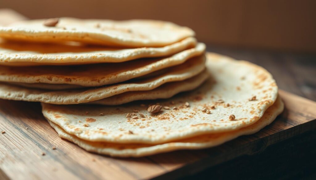 A freshly baked stack of almond flour tortillas, their golden-brown surfaces gleaming under soft, diffused lighting. The tortillas are arranged on a rustic wooden board, their delicate, pliable texture inviting touch. Flecks of ground flaxseed dot the surface, adding a subtle nutty flavor and visual interest. The foreground is in sharp focus, while the background fades into a warm, neutral tone, creating a sense of simplicity and culinary craftsmanship. The overall mood is one of wholesome, artisanal nourishment, perfectly suited to illustrate a section on "Almond Flour Tortillas with Flaxseed" within a collection of grain-free wraps.