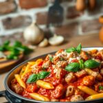 A hearty one-pot sausage pasta dish set against a rustic kitchen backdrop. In the foreground, a large pot filled with al dente penne pasta, bite-sized sausage morsels, and vibrant red tomato sauce. Sprinkled throughout, fresh basil leaves and grated Parmesan cheese. Soft, indirect lighting casts a warm, inviting glow over the scene. In the middle ground, a wooden cutting board with a few remaining ingredients - sliced onions, garlic cloves, and a sprig of oregano. The background reveals a weathered, exposed brick wall adorned with simple kitchen utensils, creating a cozy, homestyle atmosphere perfect for a wholesome summer meal.