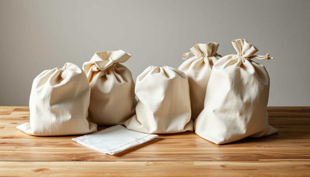 A high-quality, realistic image of several reusable bread bags made of natural materials such as organic cotton or linen. The bags are neatly arranged on a wooden table, with a neutral-colored background. The lighting is soft and diffused, highlighting the texture and natural hues of the fabrics. The bags are shown from various angles, showcasing their practical design features like drawstring closures and ventilation holes. The overall atmosphere conveys a sense of sustainability, functionality, and minimalist style, befitting a modern, plastic-free storage solution for baked goods.