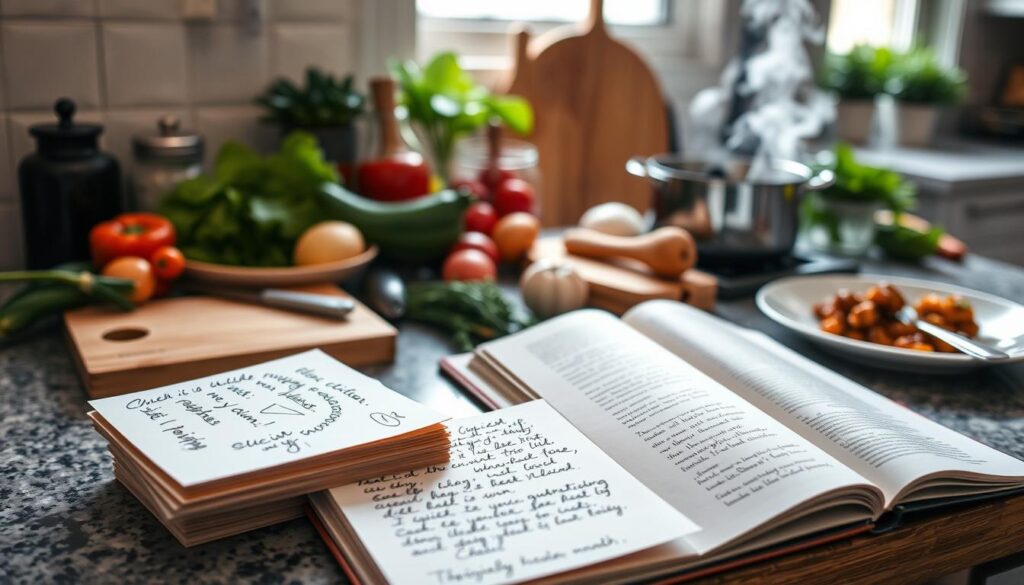 A kitchen counter overflowing with fresh ingredients, a cutting board, and simple cooking tools. In the foreground, a stack of handwritten recipe cards with scribbled notes. The middle ground features an open cookbook with inviting visuals, steam rising from a simmering pot, and a plate of a quick, flavorful dish. The background is softly lit, with a window letting in natural light, creating a warm and welcoming atmosphere. The scene conveys the ease and joy of preparing delicious, hassle-free meals.