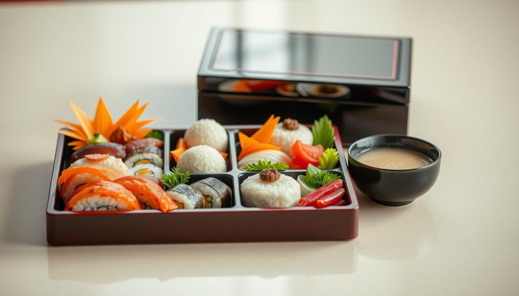 A meticulously arranged Japanese bento box, its compartments filled with vibrant, expertly prepared delicacies. In the foreground, a selection of sushi rolls, nigiri, and colorful pickled vegetables artfully composed. The middle ground showcases traditional elements like a perfectly sculpted onigiri rice ball and a steaming bowl of miso soup. The background features an elegant lacquered bento box, its mirrored surface reflecting the harmonious arrangement. Soft, natural lighting illuminates the scene, creating a serene, reverent atmosphere that celebrates the centuries-old artistry of Japanese culinary traditions.