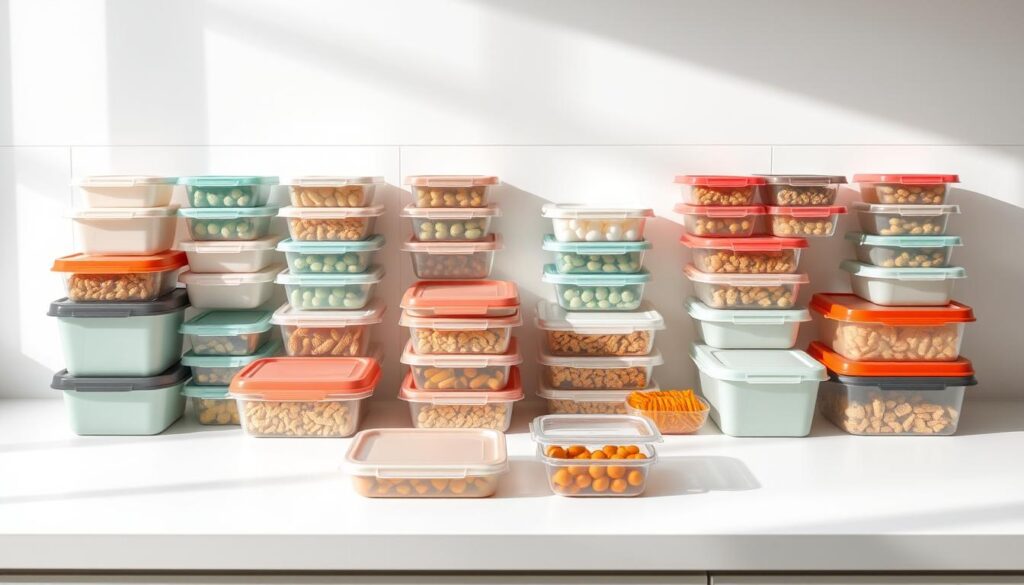 A meticulously arranged assortment of rectangular meal prep containers in various sizes and colors sits on a clean, minimalist kitchen counter. The containers are crafted from high-quality, durable plastic with snap-on lids, neatly organized in rows and columns, casting soft shadows on the pristine surface. The lighting is soft and diffused, accentuating the containers' sleek, modern design and highlighting their practical functionality. The overall scene conveys a sense of order, efficiency, and a commitment to healthy, organized meal planning.