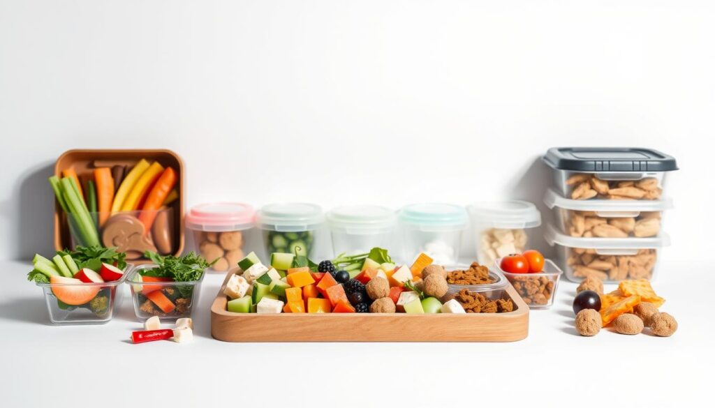 A meticulously arranged build-your-own lunch kit set against a minimalist white backdrop. In the foreground, a wooden tray holds an assortment of colorful, bite-sized ingredients - sliced vegetables, fruits, cheese cubes, and protein-rich bites. Subtly illuminated from above, the contents cast soft shadows, creating depth and texture. In the middle ground, reusable containers in various shapes and sizes stand ready to be filled by the child, encouraging hands-on engagement and customization. The overall composition radiates an inviting, organized aesthetic, perfectly capturing the spirit of a fun and healthy lunchtime experience.