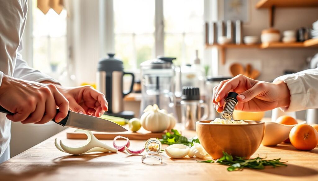 A meticulously crafted image showcasing a collection of essential cooking hacks for beginners. In the foreground, a skilled chef's hands demonstrate practical time-saving techniques, such as slicing onions with a sharp knife and using a garlic press. The middle ground features an array of common kitchen tools and appliances, including a spiralizer, food processor, and measuring cups, arranged in an aesthetically pleasing composition. The background depicts a warm, cozy kitchen setting, with natural light streaming in through a window, casting a gentle glow and creating a serene, inviting atmosphere. The overall scene conveys a sense of simplicity, efficiency, and the joy of mastering basic culinary skills.