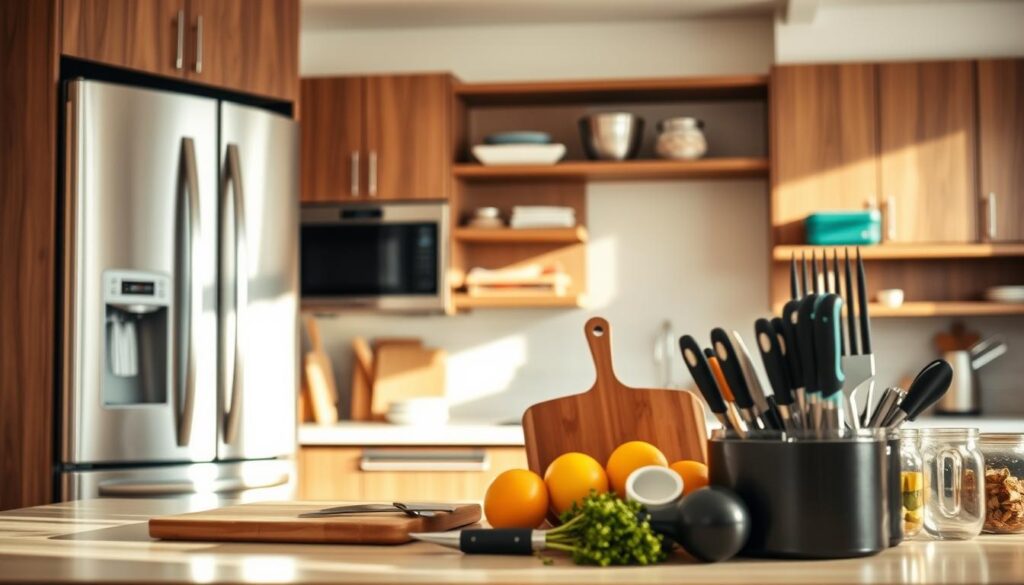 A meticulously organized kitchen showcases food storage solutions, with a prominent stainless steel refrigerator and sleek wooden cabinetry. In the foreground, various cooking implements like cutting boards, knives, and measuring cups are neatly arranged, conveying a sense of order and safety. The lighting is warm and natural, casting a cozy glow over the scene. The camera angle is slightly elevated, allowing for a comprehensive view of the well-equipped kitchen, emphasizing the importance of food preparation and storage in maintaining a safe and efficient cooking environment. The overall atmosphere is one of cleanliness, organization, and attention to detail, reflecting the essential elements of cooking with safety in mind.