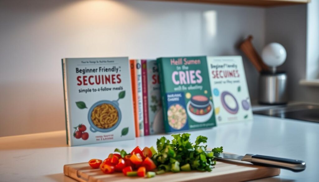 A minimalist kitchen countertop, softly lit from the side, displaying a collection of beginner-friendly recipe books. The books feature vibrant covers with cheerful illustrations, promising simple, easy-to-follow meals. In the foreground, a cutting board holds freshly chopped vegetables, inviting the viewer to dive into the culinary adventure. The background is blurred, creating a sense of focus and tranquility, emphasizing the simplicity and approachability of the recipes. The overall mood is warm, inviting, and encourages the viewer to explore new culinary horizons.
