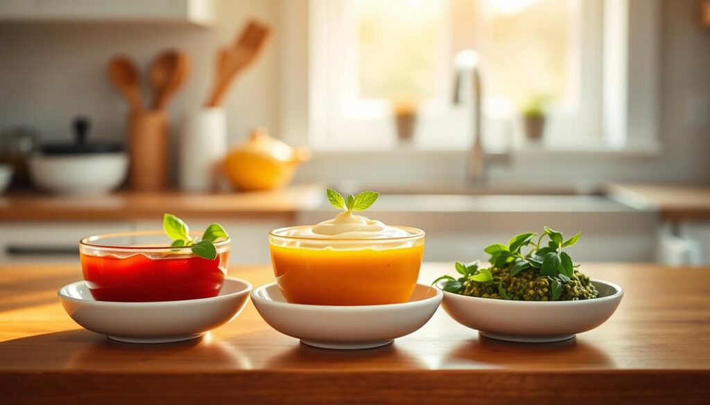 A minimalistic kitchen counter, bathed in warm, natural light. On the surface, a selection of simple sauces arranged in delicate ceramic bowls - a vibrant tomato sauce, a creamy béchamel, and a savory pesto. The ingredients are fresh and inviting, conveying a sense of culinary potential. In the background, a blurred, softly-lit window frames the scene, suggesting a cozy, homely atmosphere. The composition is balanced and visually appealing, capturing the essence of effortless flavor-building for the beginner home cook.