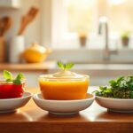 A minimalistic kitchen counter, bathed in warm, natural light. On the surface, a selection of simple sauces arranged in delicate ceramic bowls - a vibrant tomato sauce, a creamy béchamel, and a savory pesto. The ingredients are fresh and inviting, conveying a sense of culinary potential. In the background, a blurred, softly-lit window frames the scene, suggesting a cozy, homely atmosphere. The composition is balanced and visually appealing, capturing the essence of effortless flavor-building for the beginner home cook.