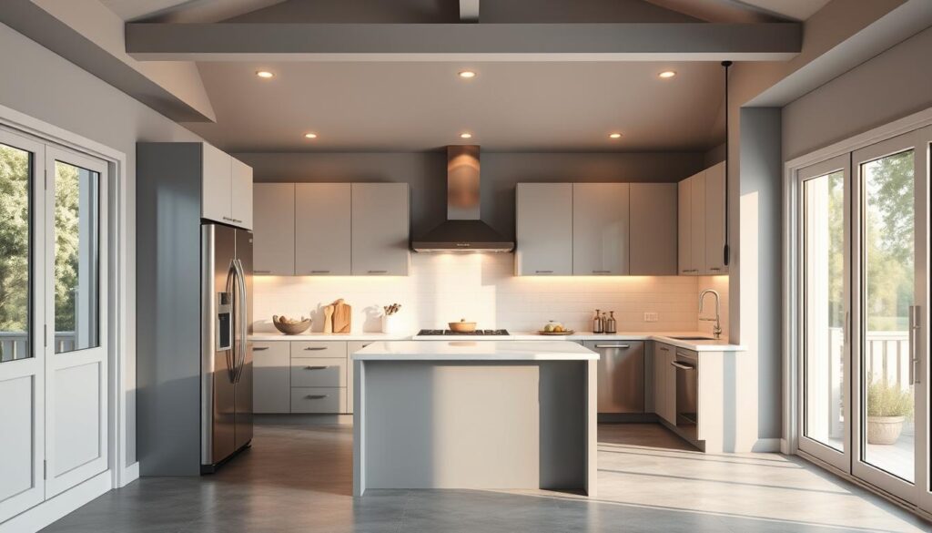 A modern kitchen with streamlined appliances strategically placed to maximize efficiency and minimize heat. Sleek stainless steel refrigerator, oven, and dishwasher positioned along the walls, creating an uncluttered central workspace. Overhead lighting casts a warm, ambient glow, complemented by natural sunlight filtering through large windows. The color palette is dominated by cool, muted tones of gray and white, creating a serene, summer-ready atmosphere. Careful consideration has been given to the flow of the space, ensuring easy movement and accessibility during meal preparation. The overall layout is designed to keep the kitchen cool and comfortable, even on the hottest summer days.