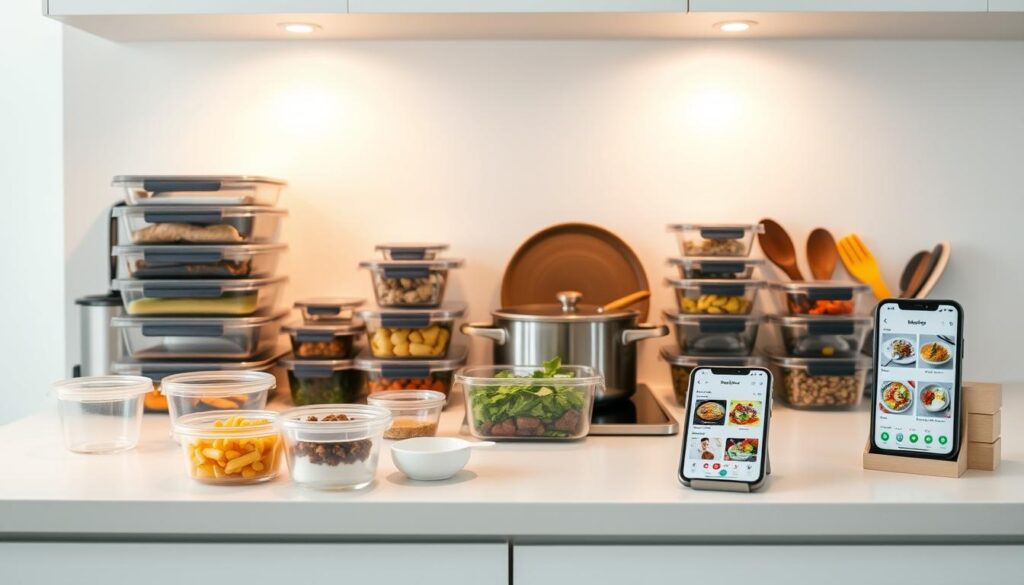 A modern, minimalist kitchen countertop with an array of neatly organized meal prep containers, measuring cups, and cooking utensils. Soft, warm lighting from overhead illuminates the scene, casting gentle shadows. A smartphone or tablet displaying a meal planning app sits nearby, allowing the user to customize their meal selections. The background is a clean, white wall, creating a sense of simplicity and focus on the meal prep experience. The overall mood is one of efficiency, organization, and personalization, reflecting the advanced techniques to customize one's meal prep routine.