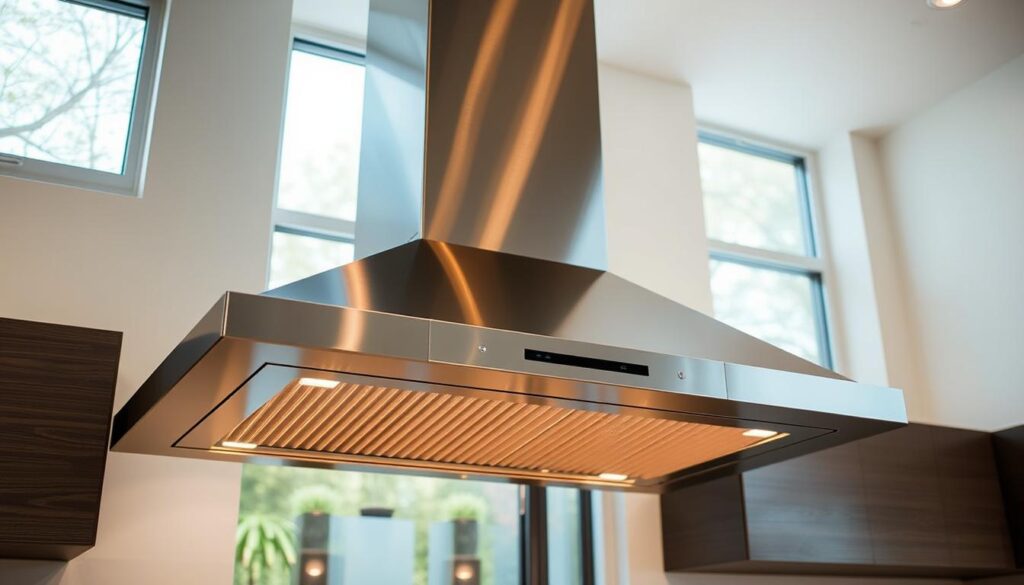 A modern, well-lit kitchen with a sleek, stainless steel range hood prominently displayed. The hood is equipped with powerful fans and vents, efficiently drawing out heat, steam, and cooking odors. The lighting above the hood casts a warm, inviting glow, creating an atmosphere of culinary productivity. In the background, a window allows natural light to filter in, providing a refreshing contrast to the active cooking zone. The entire scene is captured from a slightly elevated angle, showcasing the harmonious integration of form and function in this kitchen's ventilation system.