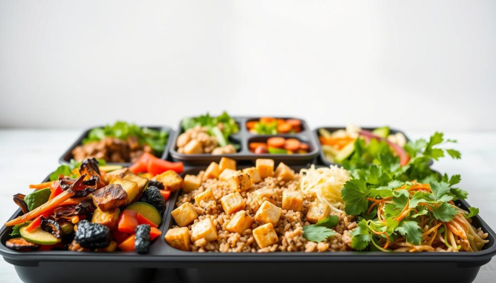 A mouth-watering assortment of vegetarian bento box delights. In the foreground, a neatly arranged spread of colorful, plant-based dishes - vibrant roasted vegetables, fragrant brown rice, flavorful tofu cubes, and a variety of fresh, crunchy salads. In the middle ground, a sleek, modern bento box with compartments holding the culinary treasures. The background is filled with a serene, minimalist backdrop, allowing the food to shine. Soft, natural lighting gently illuminates the scene, creating a sense of balance and harmony. The overall atmosphere is one of healthy, wholesome goodness - a visually appealing and appetite-whetting representation of vegetarian bento box bliss.