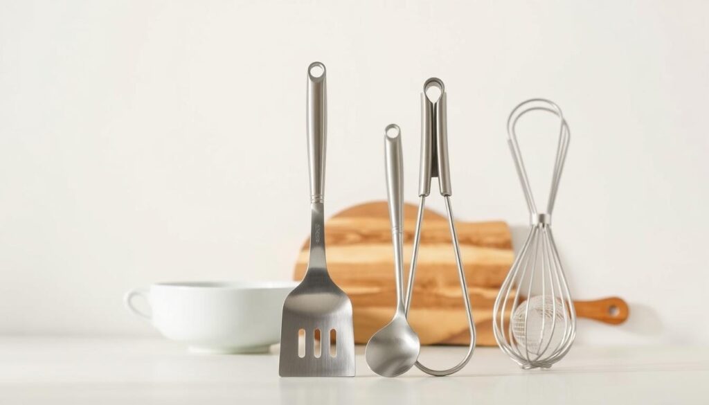 A neatly arranged collection of essential kitchen utensils against a clean, minimalist backdrop. In the foreground, a set of stainless steel tools including a chef's knife, spatula, tongs, and whisk, all gleaming under soft, natural lighting. In the middle ground, a wooden cutting board and a ceramic bowl, while in the background, a subtle gradient blends into a tranquil, off-white wall. The overall mood is one of simplicity, functionality, and culinary preparedness, perfectly capturing the spirit of the "Essential Kitchen Tools You'll Need" section.