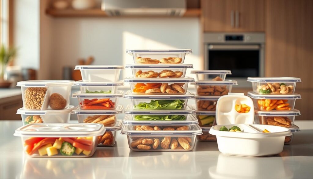 A neatly arranged set of meal prep containers in various sizes and shapes, designed for weight loss and portion control. The containers have clean, minimalist designs with dividers to separate different food groups. They are made of durable, BPA-free materials and feature tight-fitting lids to ensure freshness. The containers are displayed on a sleek, modern kitchen counter or table, bathed in warm, natural lighting that emphasizes their practical yet stylish aesthetic. The scene conveys a sense of organization, efficiency, and a commitment to a healthy lifestyle.
