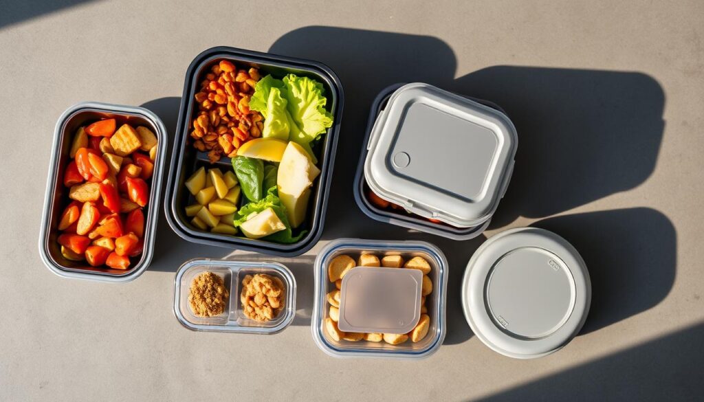 A neatly arranged set of sleek, BPA-free meal prep containers in a variety of sizes and shapes, nestled on a minimalist gray surface. The containers feature transparent lids, enabling a clear view of the healthy, home-cooked meals inside. Warm, natural lighting casts soft shadows, highlighting the containers' durable, high-quality construction. The overall composition exudes a sense of organization and efficiency, reflecting the thoughtful preparation and meal planning process.