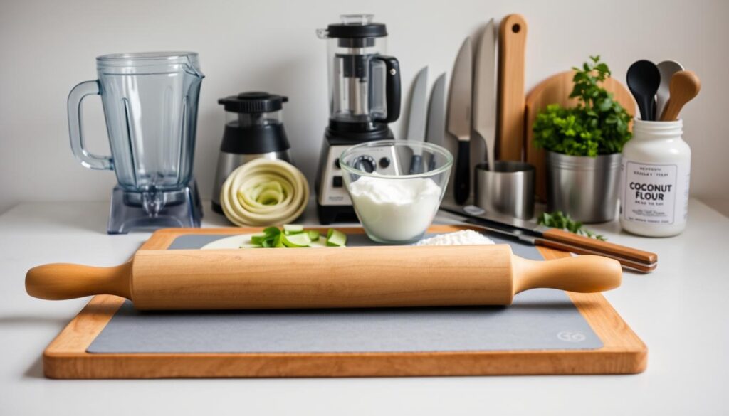 A neatly arranged still life of essential kitchen tools for preparing grain-free wraps. In the foreground, a rolling pin, a silicone baking mat, and a wooden board. In the middle ground, a high-powered blender, a spiralizer, and a set of sharp knives. In the background, a set of measuring cups and spoons, alongside a jar of coconut flour and a bundle of fresh herbs. The lighting is soft and diffused, creating a warm, inviting atmosphere. The composition emphasizes the tools' functionality and the care required to craft perfect grain-free wraps.