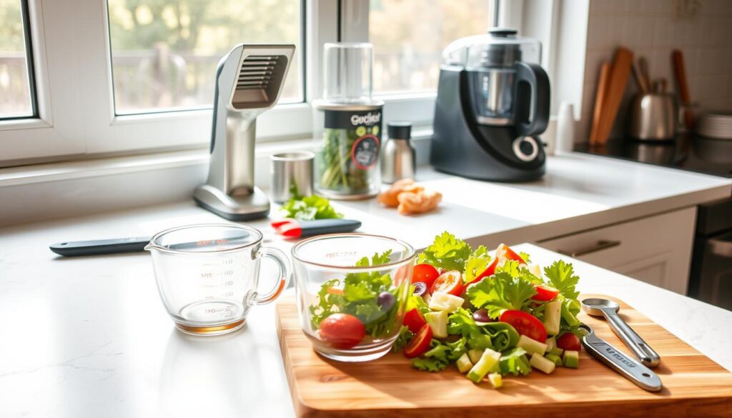 A neatly organized kitchen counter, bathed in soft natural light from a large window. On the counter, various kitchen gadgets and tools are arranged in an orderly fashion: a sharp chef's knife, a compact spiralizer, a multi-function can opener, a compact food processor, and a modern instant-read thermometer. In the foreground, a fresh, vibrant vegetable salad sits on a wooden cutting board, accompanied by a glass measuring cup and a set of metal measuring spoons. The overall scene conveys a sense of efficiency, organization, and time-saving convenience, perfectly suited for a beginner's guide to essential cooking tips.