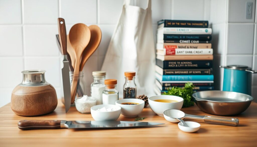 A neatly organized kitchen counter displaying an assortment of beginner's cooking essentials. In the foreground, a set of essential utensils - a sharp chef's knife, a sturdy wooden spoon, and a sleek set of measuring cups and spoons. In the middle ground, a range of basic ingredients like salt, pepper, olive oil, and a few fresh herbs in small bowls. In the background, a stack of cookbooks and a clean, white apron hang on the wall, creating a welcoming, inspirational atmosphere. The lighting is soft and diffused, creating a warm, inviting feel. The entire scene is photographed from a slightly elevated angle, giving a clear and comprehensive view of the key items a new cook would need to get started in the kitchen.