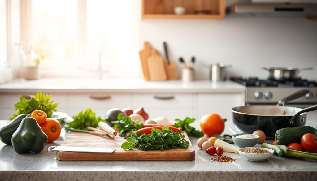 A neatly organized kitchen counter, illuminated by soft natural light filtering through a window. On the surface, an array of cooking essentials laid out in an orderly fashion: a shiny chef's knife, a wooden cutting board, a sizzling pan, and various fresh ingredients like vegetables, herbs, and spices. In the background, the silhouettes of appliances and a tidy backsplash create a sense of depth and professionalism. The overall atmosphere exudes a serene, instructive mood, inviting the viewer to explore the fundamental techniques of home cooking.