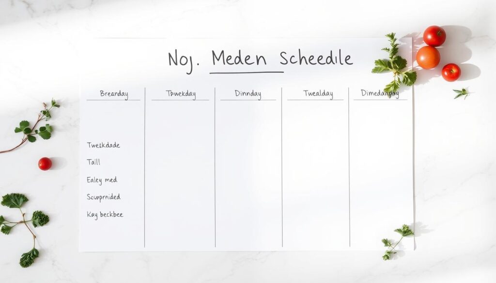 A neatly organized weekly meal prep schedule laid out on a marble kitchen counter, with labeled sections for breakfast, lunch, and dinner. The schedule is written in a clean, minimalist font against a soft pastel background, with a few fresh vegetables and herbs scattered around the edges to create a natural, wholesome feel. Gentle side lighting casts subtle shadows, adding depth and dimension to the scene. The overall composition is balanced and visually appealing, reflecting the efficiency and simplicity of a well-planned weekly meal routine.