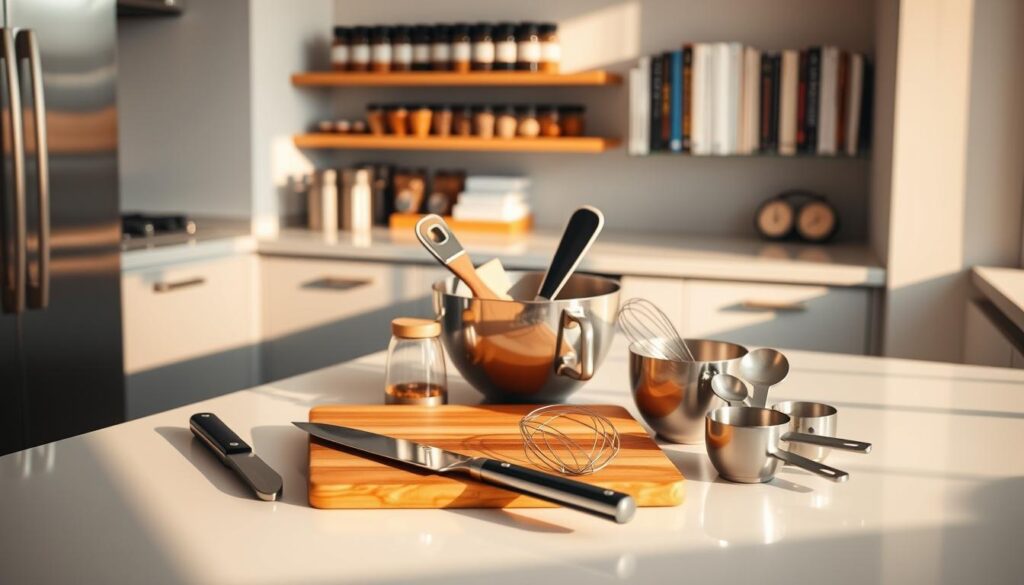 A sleek and modern kitchen counter, bathed in warm, natural lighting. At the center, an array of essential tools - a sharp chef's knife, a sturdy wooden cutting board, a versatile mixing bowl, a whisk, and a reliable set of measuring cups and spoons. The stainless steel appliances gleam, complementing the clean, minimalist aesthetic. In the background, a well-stocked spice rack and a row of neatly organized cookbooks add depth and purpose to the scene. The overall atmosphere is one of efficiency, functionality, and a touch of culinary inspiration, perfectly capturing the "Essential Kitchen Tools You'll Need" for the "Cooking Made Simple: Essential Tips for Beginners" article.