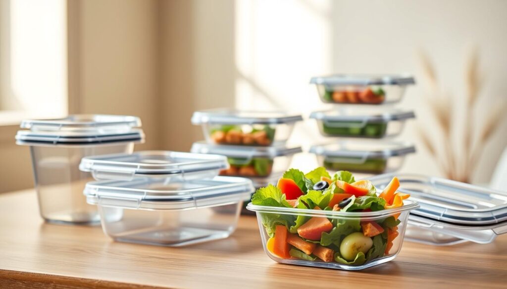 A sleek set of BPA-free meal prep containers arranged on a wooden table, basking in soft, natural lighting. The containers are transparent, showcasing their sturdy, leak-proof design in various sizes and shapes, ideal for organizing individual meals or snacks. In the foreground, a single container is open, revealing a fresh, colorful salad within, highlighting the containers' versatility for healthy, on-the-go eating. The background features a minimalist, earthy-toned setting, emphasizing the containers' eco-friendly nature and suitability for a modern, wellness-focused lifestyle.