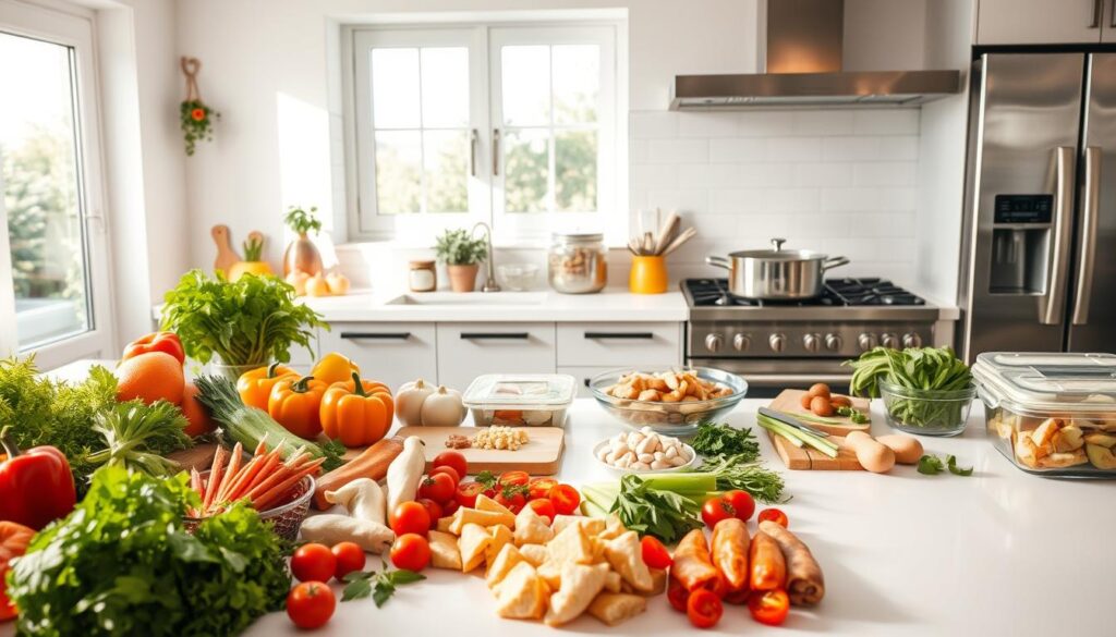 A spacious, sun-drenched kitchen with stainless steel appliances and pristine white countertops. In the foreground, an array of fresh, colorful ingredients - crisp vegetables, fragrant herbs, and various proteins neatly arranged. At the center, a pair of hands skillfully chopping and prepping the ingredients, conveying the methodical process of batch cooking. In the background, a large pot simmering on the stovetop, surrounded by a variety of covered containers, hinting at the efficiency and meal-planning benefits of this culinary approach. The scene is bathed in a warm, natural light, creating a serene, organized atmosphere that embodies the &quot;Cook Once, Eat Multiple Times&quot; ethos.