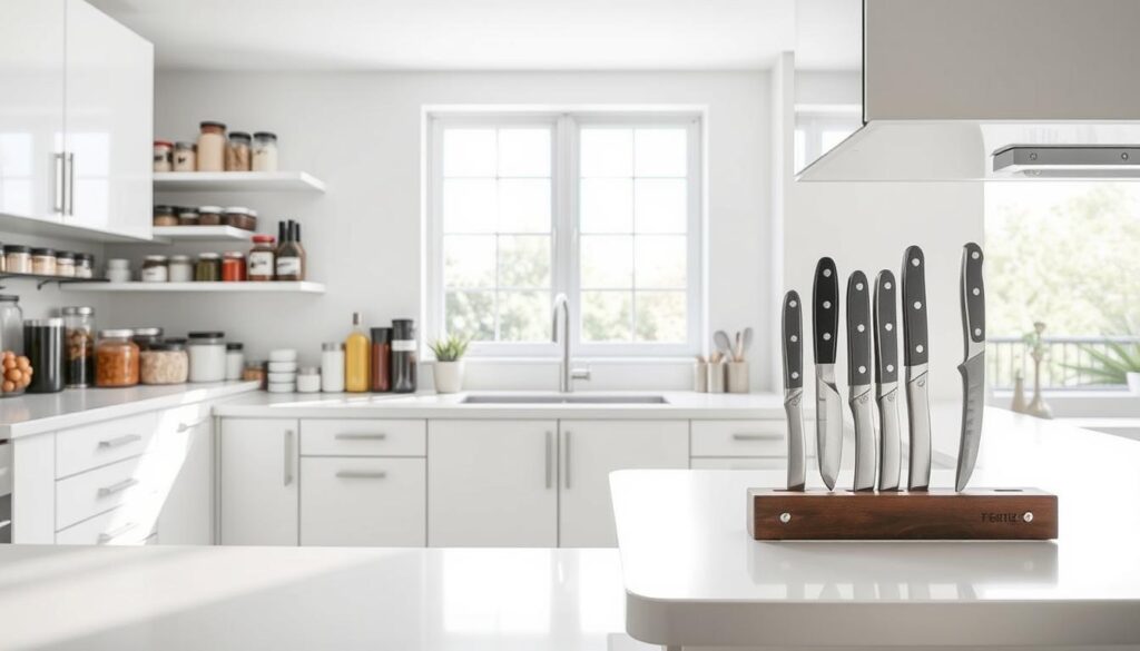 A spacious, well-lit modern kitchen with sleek white cabinets and countertops. On the counters, neatly organized rows of labeled glass jars and containers filled with various dry goods, spices, and cooking essentials. Beside them, a magnetic knife strip holds a collection of professional-grade knives in perfect alignment. In the background, a large window fills the room with natural light, highlighting the efficient kitchen layout and organization. The overall atmosphere conveys a sense of order, productivity, and culinary mastery.