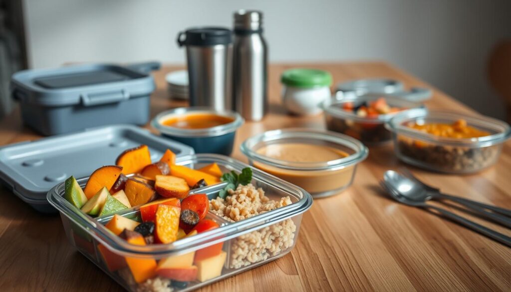 A spread of healthy, homemade lunchbox meals laid out on a wooden table. In the foreground, a neatly packed bento-style box filled with colorful, bite-sized portions of roasted vegetables, sliced fruit, and a small serving of whole grain pasta or quinoa. In the middle ground, a thermos of warm soup or stew, and a reusable water bottle. In the background, a few other lunchbox containers, utensils, and a clean, minimalist setting bathed in soft, natural lighting, conveying a sense of simplicity and ease. The overall mood is one of efficiency, practicality, and nutritious, kid-friendly sustenance.
