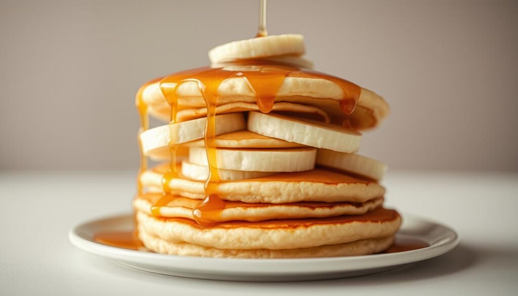A stack of fluffy, golden pancakes layered with creamy peanut butter and sliced banana, all sandwiched between two more pancakes. The pancakes have a delicate, lightly-browned texture and are drizzled with a ribbon of sticky maple syrup. The scene is bathed in soft, warm lighting, casting a cozy glow over the breakfast-inspired lunch creation. A slight depth of field blur emphasizes the stack's mouthwatering details. The composition is clean and minimalist, placing the pancake sandwich as the focal point against a plain, neutral background.