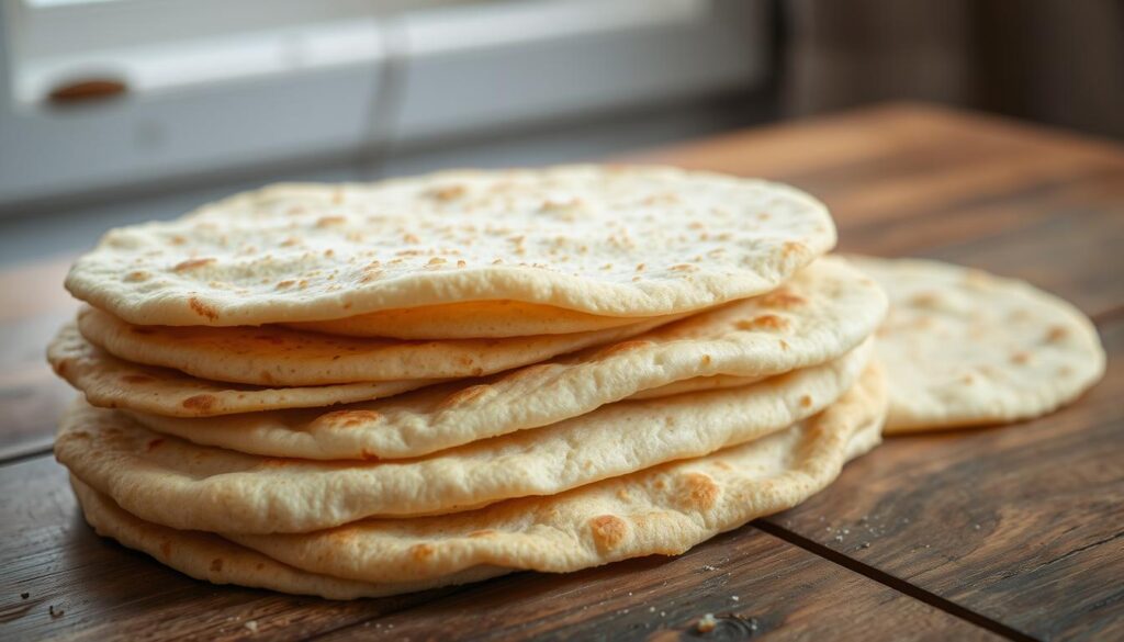A stack of freshly baked coconut flour flatbreads, crisp and golden, resting on a rustic wooden table. The breads are delicately speckled with flecks of psyllium husk, adding subtle texture and nutrition. Soft natural light filters in from an unseen window, casting a warm glow and gentle shadows across the scene. The flatbreads are arranged in an inviting manner, hinting at their versatility as a grain-free wrap or base for various toppings. The overall atmosphere is one of simple, wholesome goodness - a nourishing and satisfying alternative to traditional breads.