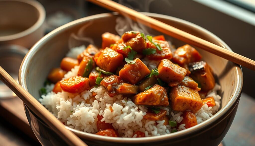 A steaming, fragrant one-pot meal with jasmine rice, sautéed vegetables, and tender chicken or tofu in a savory Asian-inspired sauce. The dish is lit from above with warm, soft lighting, casting gentle shadows and highlighting the vibrant colors. Wooden chopsticks and a delicate ceramic bowl complement the rustic, homemade aesthetic. The composition showcases the dish in the foreground, with a blurred background suggesting an minimalist, urban kitchen setting. The overall mood is comforting, wholesome, and appetizing, perfectly embodying a quick and easy Asian-inspired one-pot dinner.