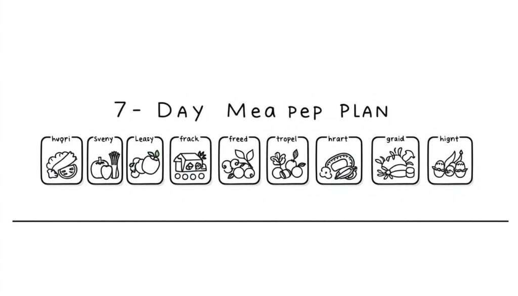 A stylized, minimalist illustration of a 7-day meal prep plan presented on a clean, light-colored background. In the foreground, a grid of seven rectangles, each representing a day of the week, filled with simple line drawings of various healthy meal components like vegetables, proteins, and grains. The rectangles are arranged in a row, with a subtle shadow or highlight effect to create depth. In the middle ground, a subtle grid pattern or textured backdrop adds visual interest. The lighting is soft and diffused, creating a calming, organized atmosphere. The overall composition is balanced and visually appealing, emphasizing the practical, beginner-friendly nature of the meal prep plan.