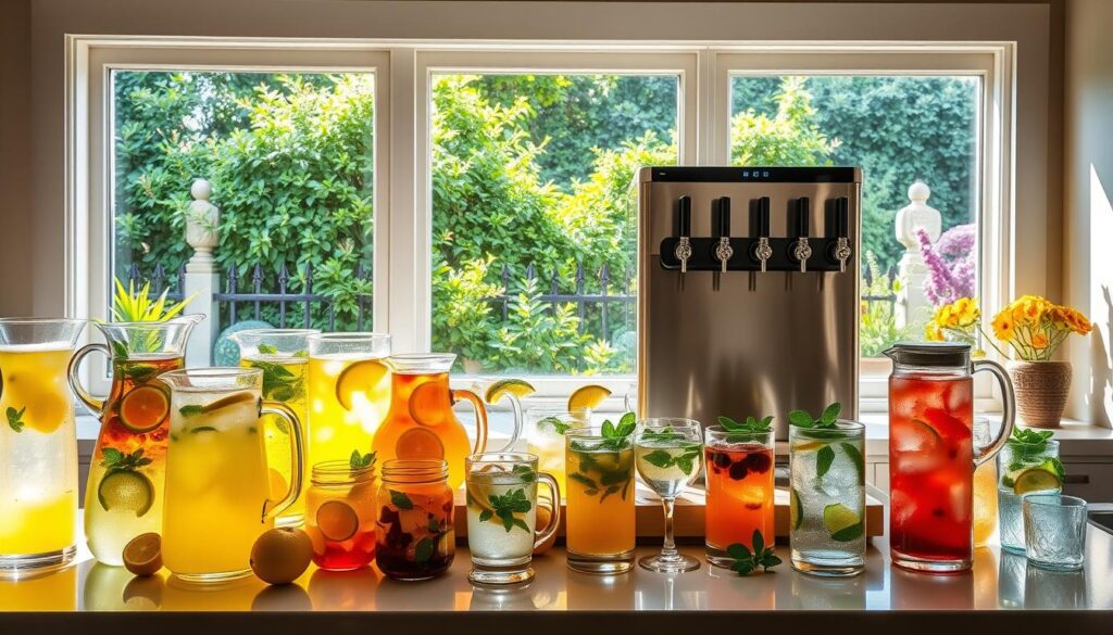 A sunlit summer kitchen counter, adorned with an array of refreshing beverages. In the foreground, a mix of colorful glass pitchers filled with lemonade, iced tea, and fruit-infused waters. Beside them, an assortment of chilled glasses, lemon slices, and mint sprigs await eager hands. The middle ground showcases a sleek, modern beverage dispenser with multiple taps, inviting guests to serve themselves. In the background, a vibrant window overlooks a lush, verdant garden, casting a warm, natural glow across the scene. The overall atmosphere is one of relaxation, hospitality, and the rejuvenating essence of summer.