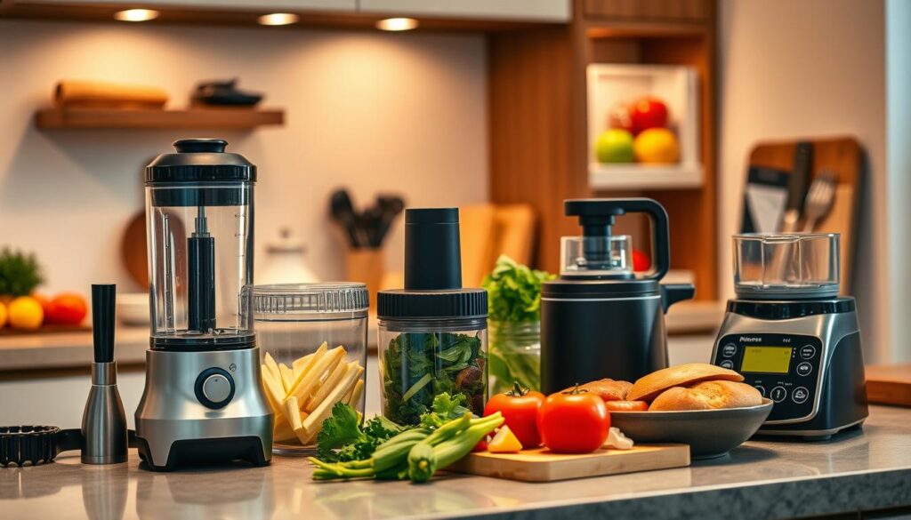 A tidy kitchen counter, bathed in warm, diffused lighting. In the foreground, an array of modern, sleek gadgets: a high-speed blender, a compact electric chopper, a multi-function spiralizer, and a space-saving digital scale. In the middle ground, a selection of fresh ingredients - crisp vegetables, juicy fruits, and crusty bread. The background reveals a well-organized pantry, hinting at a streamlined, efficient meal preparation process. The overall atmosphere is one of simplicity, functionality, and time-saving convenience, perfectly suited for a quick, yet nourishing lunchbox assembly.