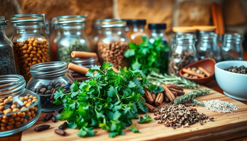 A vibrant and well-stocked spice rack, bathed in warm, natural lighting that highlights the rich colors and textures of the herbs and spices. In the foreground, a collection of glass jars and ceramic bowls filled with fragrant peppercorns, cinnamon sticks, whole cloves, and dried bay leaves. The middle ground features an array of freshly chopped herbs, including lush green parsley, fragrant rosemary, and pungent thyme, artfully arranged on a wooden cutting board. In the background, a backdrop of earthy, textured walls, hinting at the cozy, rustic kitchen where these flavorful ingredients are brought together to elevate everyday dishes.