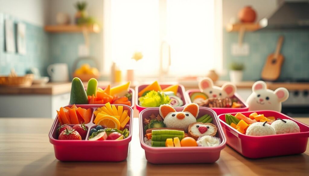 A vibrant and whimsical scene of kid-friendly bento boxes, nestled in a bright and airy kitchen setting. The bento boxes feature colorful, artfully arranged foods - from sliced fruits and vegetables to adorable animal-shaped sandwiches and rice balls. Soft, even lighting illuminates the scene, creating a warm and inviting atmosphere. The camera is positioned at a slightly low angle, capturing the playful and appetizing composition from an engaging perspective. The overall mood is one of joy, creativity, and healthy, delightful mealtime inspiration.