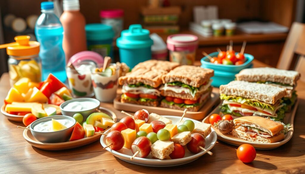A vibrant, appetizing spread of healthy lunch ideas for kids, artfully arranged on a wooden table. In the foreground, a selection of colorful, bite-sized foods - sliced fruits, veggies with dip, yogurt parfaits, and fun skewers with grapes, cheese, and cherry tomatoes. The middle ground features a variety of sandwiches made with whole-grain bread, layered with lean proteins, fresh greens, and flavorful spreads. In the background, a mix of reusable containers, water bottles, and napkins, creating a practical yet visually appealing scene. Natural lighting casts a warm, inviting glow, highlighting the nutritious and visually engaging lunch options.