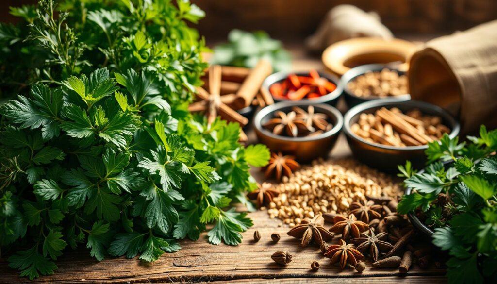 A vibrant array of freshly harvested herbs and spices, carefully arranged on a rustic wooden table. The foreground features an assortment of fragrant leaves, including vibrant green basil, fragrant rosemary, and lush parsley. In the middle ground, a selection of whole spices, such as cinnamon sticks, star anise, and whole cloves, are displayed in small bowls, their warm hues creating a cozy, inviting atmosphere. The background is bathed in soft, natural lighting, casting a gentle glow over the scene, highlighting the textures and colors of the ingredients. The overall composition conveys a sense of culinary expertise and the joy of crafting flavorful dishes.