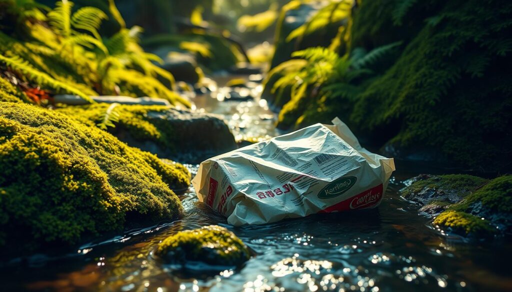 A vibrant, high-resolution photograph of a plastic bread packaging carelessly discarded in a lush, verdant environment. The packaging lays partially submerged in a shallow stream, surrounded by verdant moss-covered rocks and lush ferns. Dappled sunlight filters through the dense foliage, casting a warm, earthy glow on the scene. The packaging appears worn and weathered, symbolizing the long-lasting environmental impact of single-use plastics. The overall composition conveys a sense of contrast between the artificial, non-biodegradable nature of the packaging and the natural, thriving ecosystem it has infiltrated, highlighting the unsustainable nature of conventional bread storage solutions.