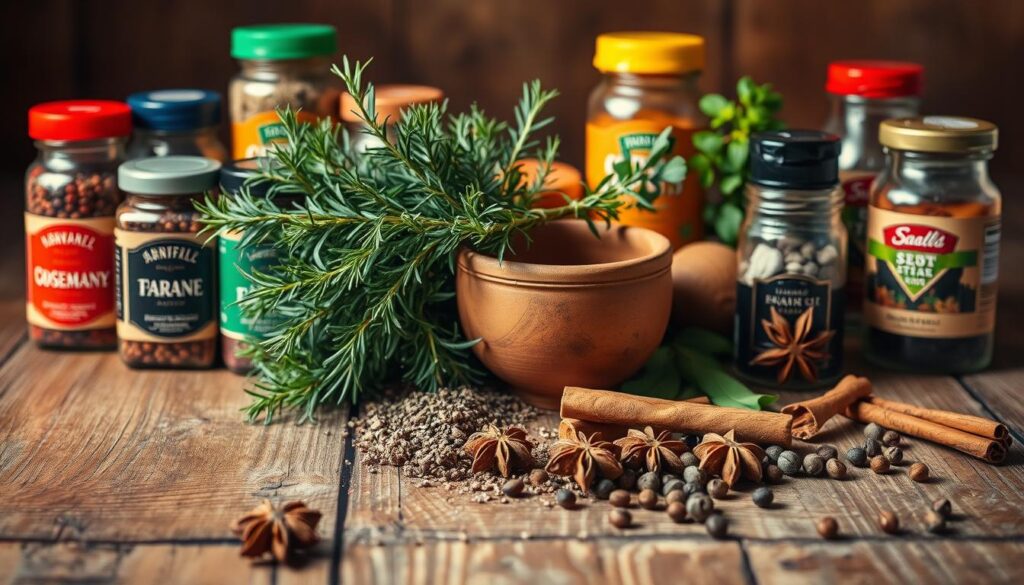 A vibrant still life displaying an assortment of herbs and spices on a wooden table, bathed in warm, soft lighting. In the foreground, an array of colorful spice jars, their labels clearly visible, are arranged artfully. In the middle ground, fresh sprigs of rosemary, thyme, and oregano spill out of a rustic ceramic bowl, their verdant hues contrasting against the weathered wood. In the background, a few whole spices, such as cinnamon sticks, star anise, and whole peppercorns, are scattered, adding depth and texture to the composition. The overall mood is one of culinary inspiration and the promise of flavorful, homemade dishes.