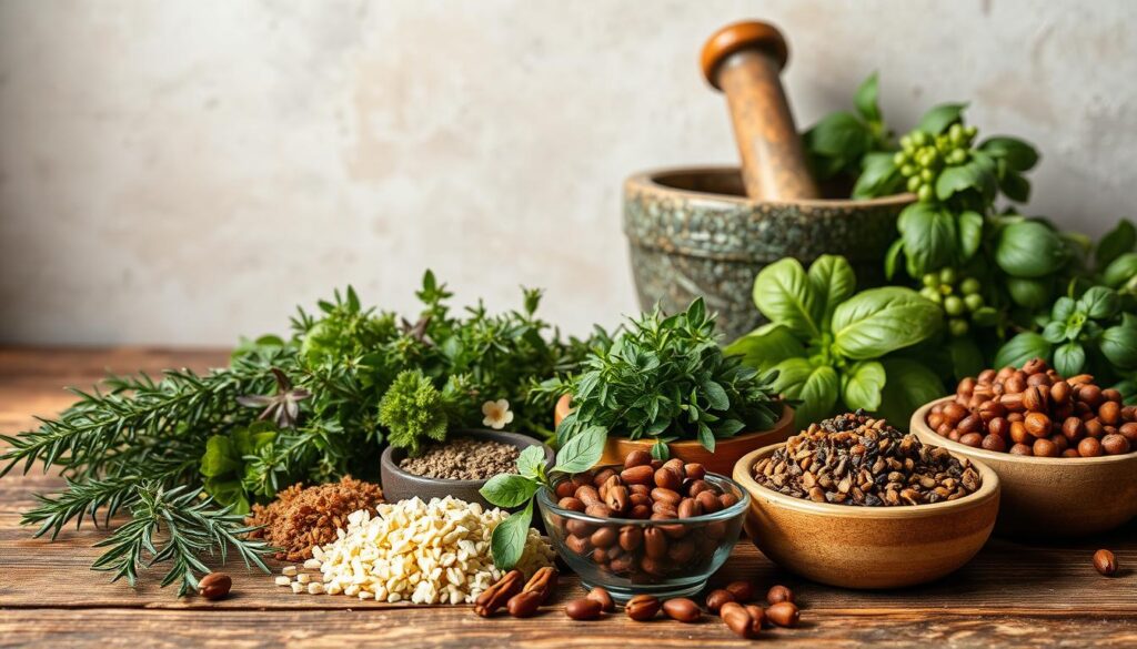 A vibrant still life of an assortment of fresh herbs and spices, artfully arranged on a rustic wooden surface. In the foreground, a variety of fragrant seasonings such as rosemary, thyme, oregano, basil, and crushed peppercorns are gathered in small bowls, their colors and textures contrasting beautifully. In the middle ground, a mortar and pestle stand ready, suggesting the preparation of a flavorful blend. The background features a neutral, lightly-textured wall, allowing the vibrant hues of the herbs and spices to take center stage. The lighting is soft and natural, casting subtle shadows and highlighting the intricate details of the ingredients. The overall composition conveys a sense of culinary expertise and the joy of exploring flavors.