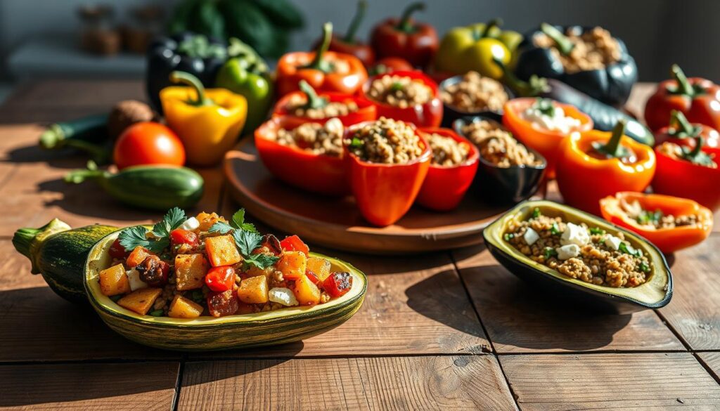 A vibrant still life of an assortment of stuffed vegetable dishes, arranged on a rustic wooden table. In the foreground, a halved zucchini filled with a colorful medley of roasted vegetables, herbs, and fragrant spices, casting warm shadows across the tabletop. In the middle ground, a platter of hollowed-out bell peppers, stuffed with a savory quinoa and feta mixture, glistening under soft, natural lighting. In the background, a variety of other creative vegetable vessels, such as hollowed-out tomatoes and eggplants, brimming with wholesome, nutritious fillings. The overall scene radiates a sense of creativity, health, and culinary inspiration.
