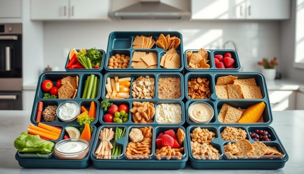 A visually striking lunchbox matrix with an array of mix-and-match compartments, creating a tantalizing grid of neatly organized, brightly colored food items. The foreground showcases an assortment of healthy, diverse lunch components - from crisp vegetables and juicy fruits to protein-rich dips and whole grain crackers. The middle ground features the lunchbox itself, a modern, modular design with sleek, removable trays that allow for effortless customization. The background subtly hints at a kitchen setting, with clean, minimalist countertops and natural lighting filtering in, giving the scene a fresh, inviting atmosphere. The overall composition conveys a sense of organization, variety, and convenience - the perfect visual representation of a "Mix-and-Match Lunchbox Matrix" for busy mornings.