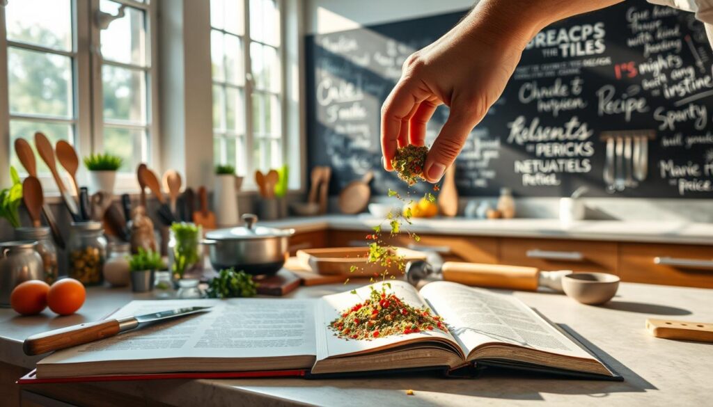 A well-equipped kitchen counter with various cooking utensils, ingredients, and a mid-century modern cookbook open. Sunlight streams in through large windows, creating a warm, inviting atmosphere. In the foreground, a chef's hand experimentally mixes a colorful blend of spices and herbs, hinting at the culinary journey to come. The background showcases a chalkboard wall with scribbled recipe ideas and inspirational quotes, reflecting the sense of playful exploration. Lens: 35mm, Lighting: natural, soft, Angle: slightly elevated to capture the dynamic scene.