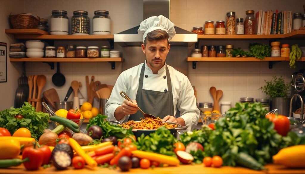 A well-equipped kitchen with an array of cooking utensils, ingredients, and a curious chef examining a dish. In the foreground, a vibrant array of colorful vegetables, herbs, and spices lay scattered across the countertop, inviting experimentation. The chef, with a thoughtful expression, stands in the middle ground, spatula in hand, ready to explore new flavor combinations. Warm, soft lighting casts a cozy glow, fostering an atmosphere of culinary discovery. The background features shelves stocked with cookbooks and jars, hinting at a wealth of culinary knowledge waiting to be tapped. This scene captures the spirit of embracing the art of cooking experimentation, where the chef's curiosity and creativity are the driving forces behind delicious culinary creations.