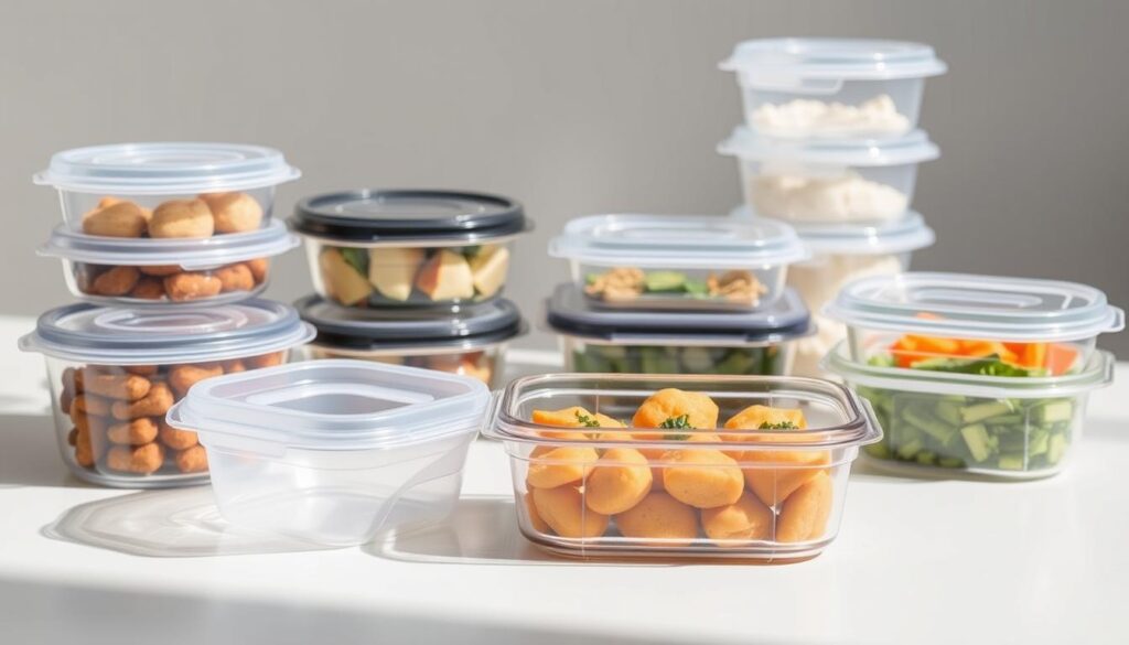 A well-lit, close-up shot of an assortment of reusable meal prep containers in various sizes and shapes, made of durable, BPA-free materials. The containers are arranged neatly on a clean, minimalist surface, showcasing their sleek, modern design and practical features like airtight lids, portion-control markings, and stackable construction. The lighting creates a soft, natural glow, highlighting the containers' clear, transparent lids and the vibrant colors of the food they might contain. The overall scene conveys a sense of organization, efficiency, and a commitment to sustainable, healthy meal planning.